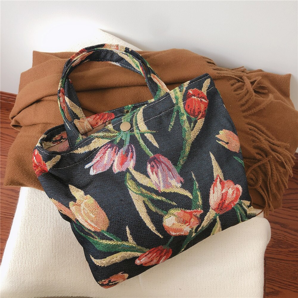 Bloemen Draagbare Lunch Tas Jacquard Stof Vrouwen Kinderen Lunch Zakken Voedsel Picknick Opslag Kleine Handtas Praktische Mama Handtas