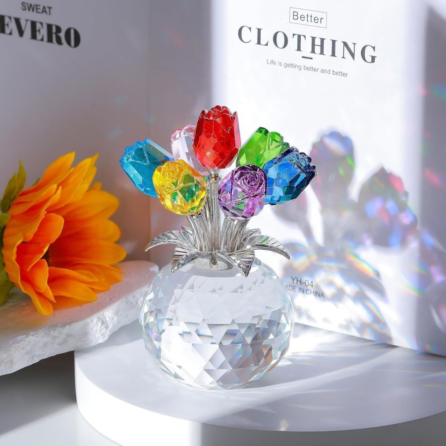 Crystal Red Rose Bouquet with Round Vase Figurines for Women Glass Bouquet Ornament Romantic Table Centerpiece: DARK GRAY