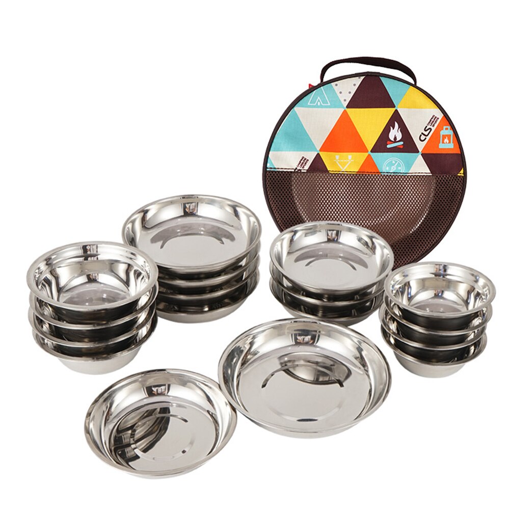 17 stücke Außen Geschirr Camping Edelstahl Platte Schüssel Lebensmittel Behälter mit Lagerung Tasche für Camping BBQ Picknick Geschirr
