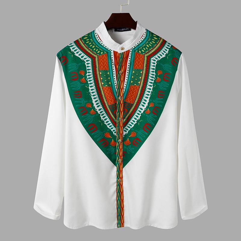 Men Shirts Ethnic Printed Long Sleeve Streetwear Stand Collar Casual Shirts Button African Dashiki Clothes Men Tops INCERUN 7: M