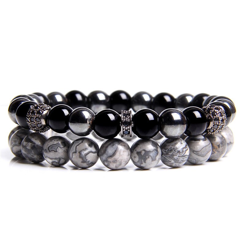 2 Stks/set Natuurlijke Grijs Kaart Geel Foto Blauwe Sodaliet Stenen Kralen Armband Voor Mannen Energie Sieraden Vriendschap Armbanden: 3 map / 17cm