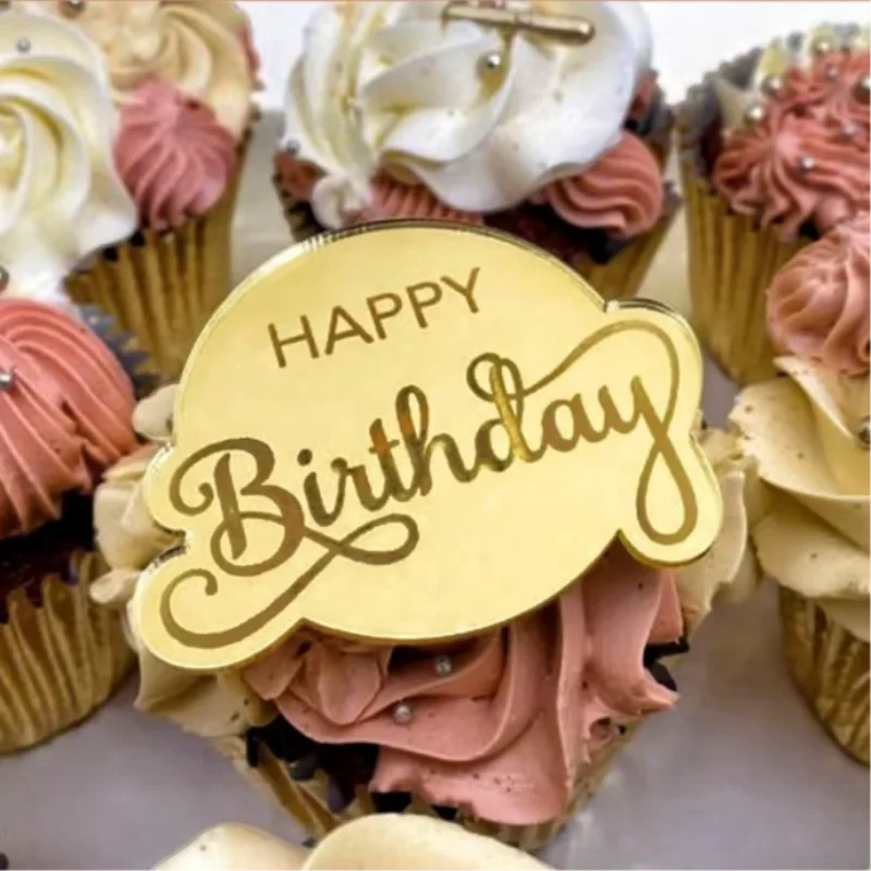 10 stück kuchenaufsätze „glücklich birthday“, goldfarbene, runde acryl-cupcake-aufsätze für kindergeburtstage, babypartys, tortendekorationszubehör