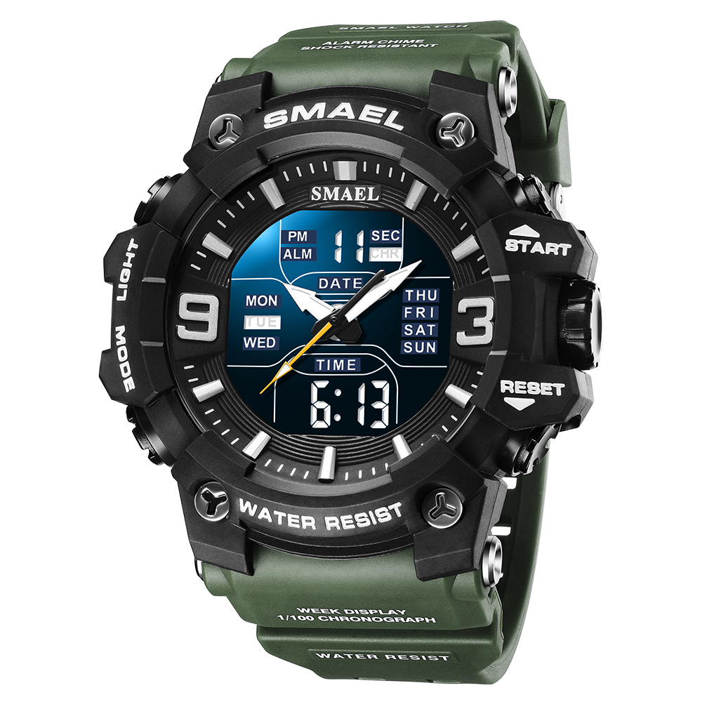 Smael 8049 Horloge Sport Led Licht Wekker Dual Time Display Waterproof Week Auto Date Polshorloges Quartz: green