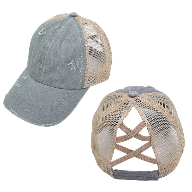 Verstelbare outdoor sport gat casual criss cross paardenstaart mesh zonnehoed reizen magische sticker baseball pet unisex zomer: Lichtgrijs