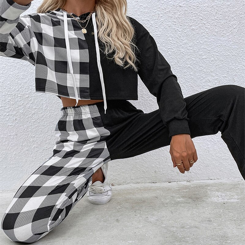 herbst Europäischen und Amerikanischen Frauen Schwarz und Weiß Plaid 2 Stück Nähte Comforable Mit Kapuze Sport Anzug Weibliche