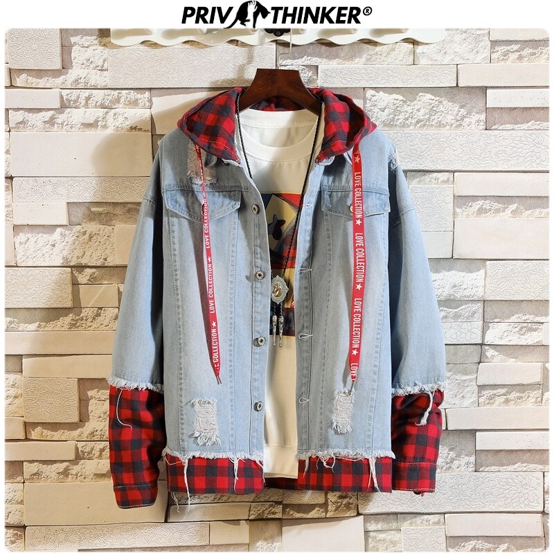 Privathinker Heren Hip Hop Plaid Patchwork Losse Denim Jassen Heren Hooded Koreaanse Uitloper Jas Mannelijke Herfst Jean Jassen Losse