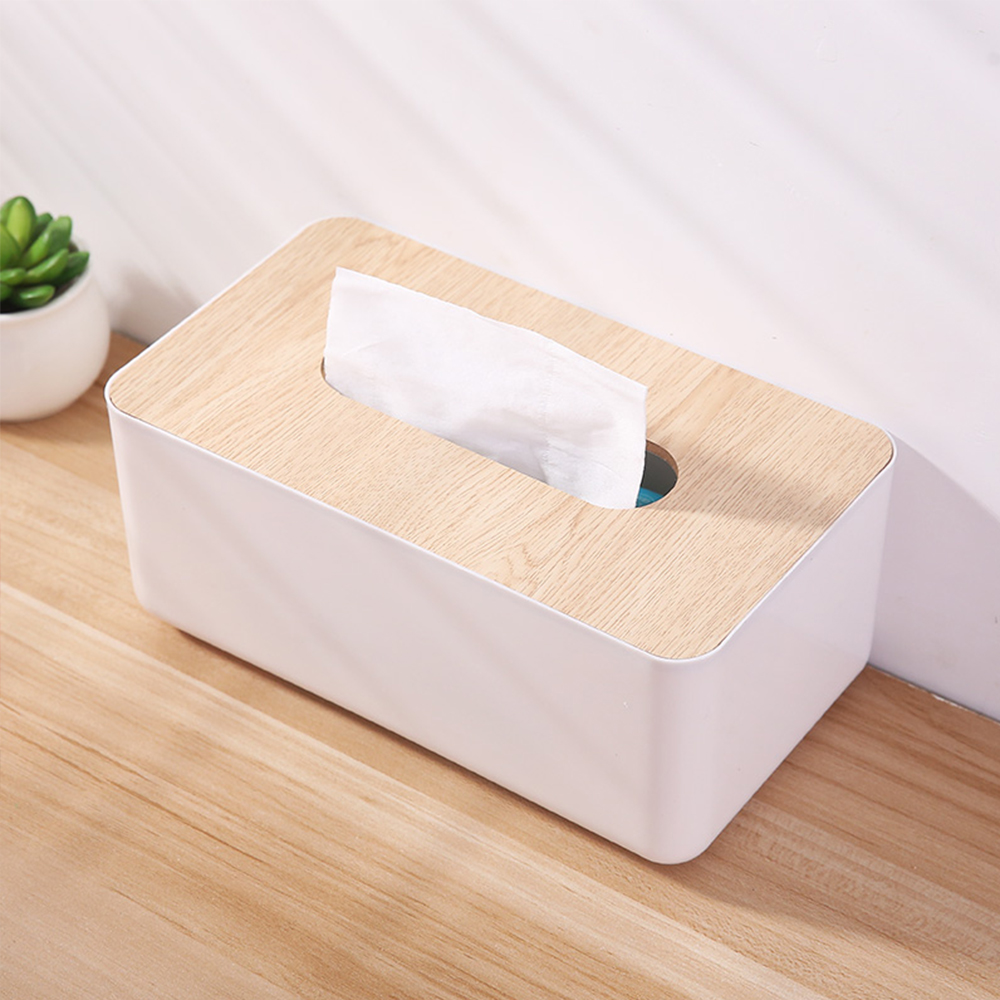 Caja de pañuelos de plástico con cubierta de madera, recipiente de servilleta de cocina para el hogar, caja de pañuelos, caja blanca para servilletas, organizador de papel tisú