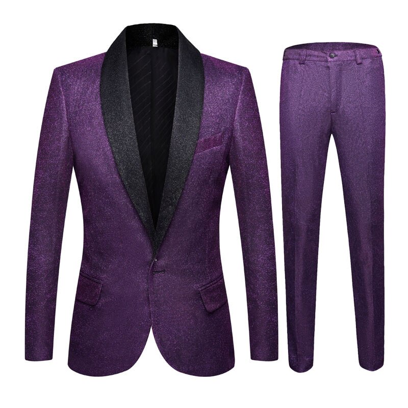 PYJTRL Mens Shiny Gold Purple 2 Pieces Set Suits Latest Coat Pant Designs Wedding Suits Tuxedos Party Prom Singers Clothing: Purple / China size L US38R