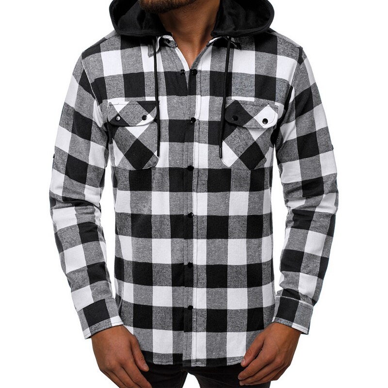 Puimentiua skjorta herr vårrutiga skjortor huva ytterkläder långärmad casual manlig chemise homme eu storlek: Vit / Eu storlek xxxl