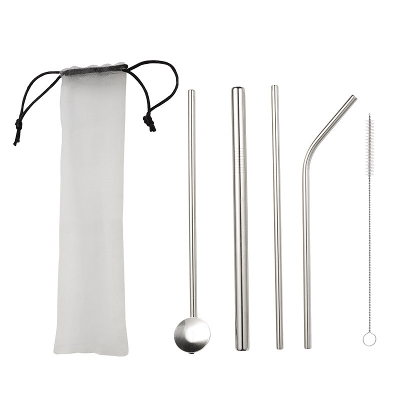 5pcs Reusable Metal Drinking Straws 304 Stainless Steel Sturdy Bent Straight Drinks Straw for Milkshake Bubble Tea with Brush: Silver