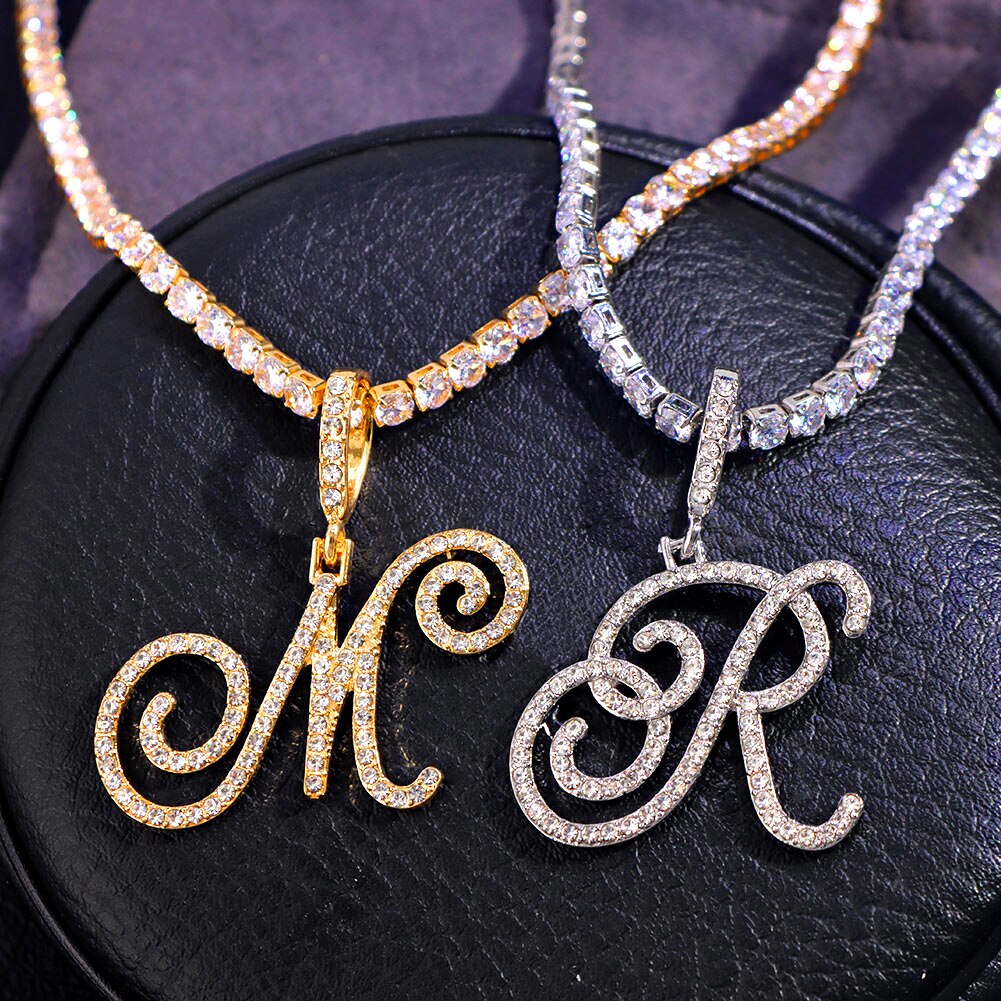 Cursive Letters Cubic Zirconia Chain Intial Name Necklace Hip Hop Jewelry Gold Silver Color CZ 26 Alphabet Pendant Necklaces