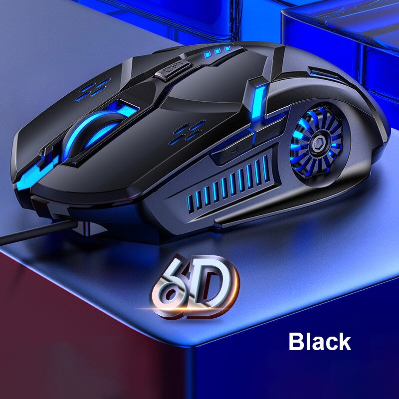 Gaming mus usb kablet 4- speed 3200 dpi rgb led lys 6 nøgle knap spil mus til pubg computer bærbar pc lydløs mus 6d: Sort