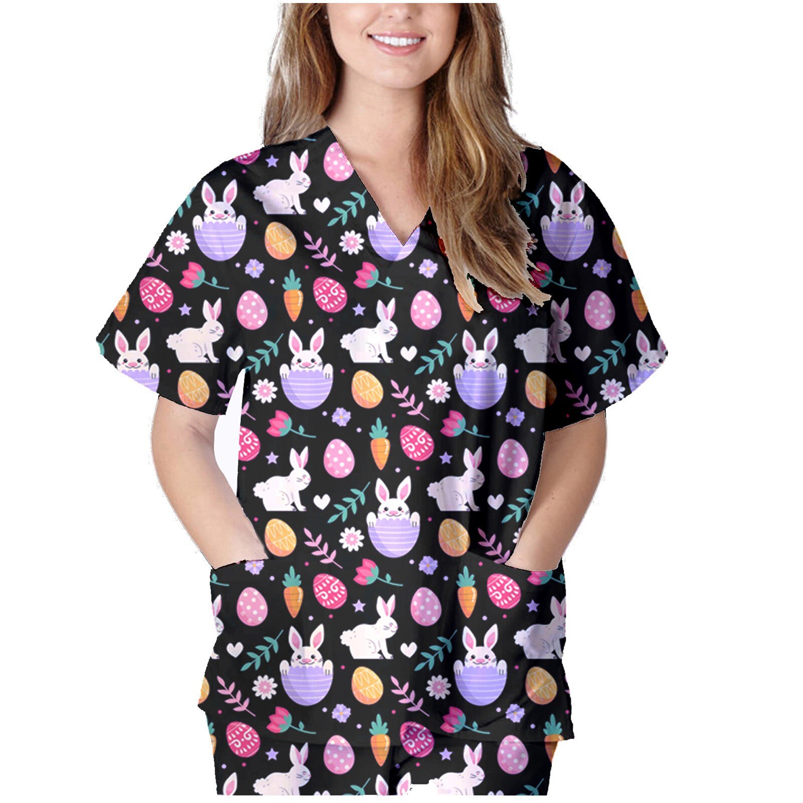 Easter Day Scrubs Tops For Women Short Sleeve V-neck Rabbit Pattern Tops Nursing Uniform Health Workers Workwear
