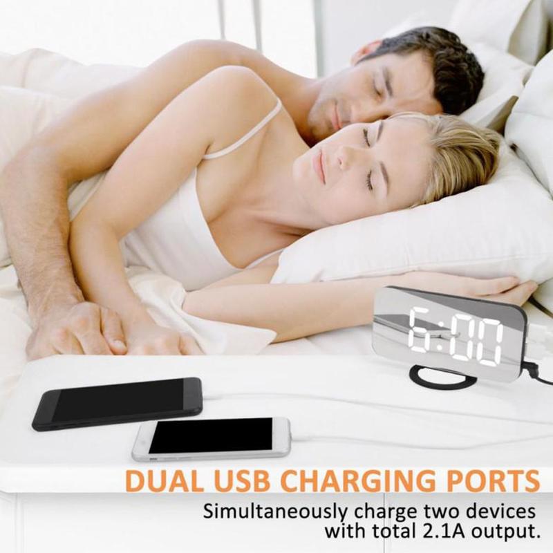 Reloj despertador Digital LED para móvil, espejo con pantalla Led nocturna, 2 puertos de carga USB para iphone, herramienta de teléfono Android, 1 unidad