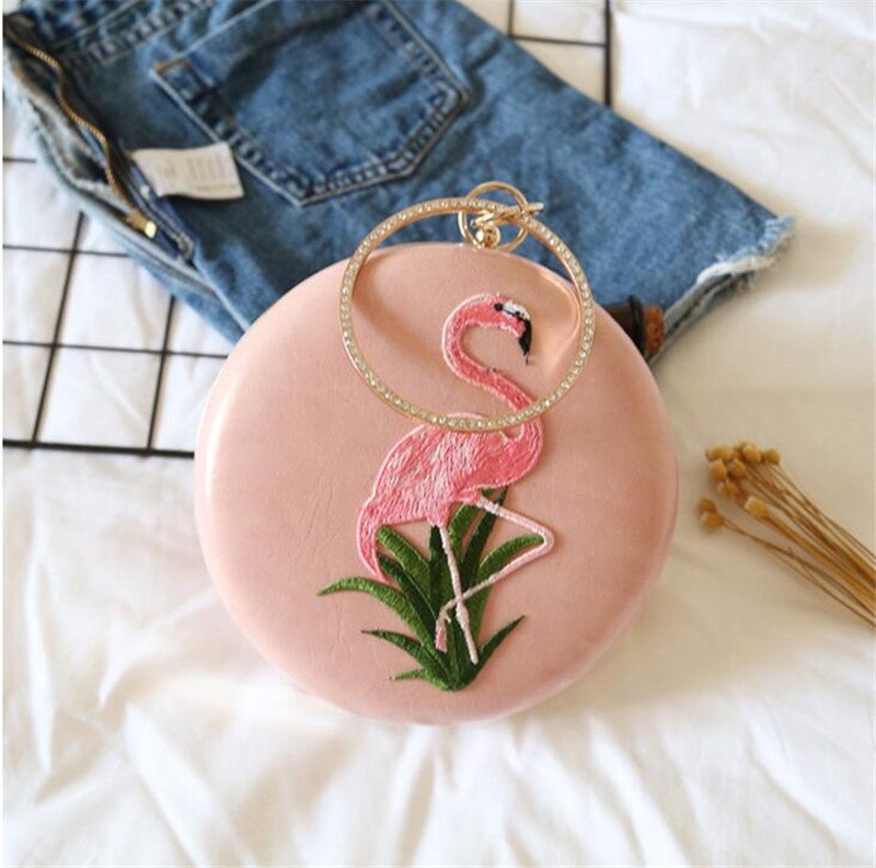 Stijl Flamingo Borduurwerk Avond Clutch Bags Ronde Vormige Avondtassen Met Ketting Bruiloft Tas: Roze