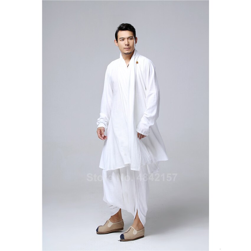 Løs stil plus størrelse mænd kinesiske traditionelle kostumer taichi uniform åndbar v-hals kung fu tang dragt mandlig linned kjole