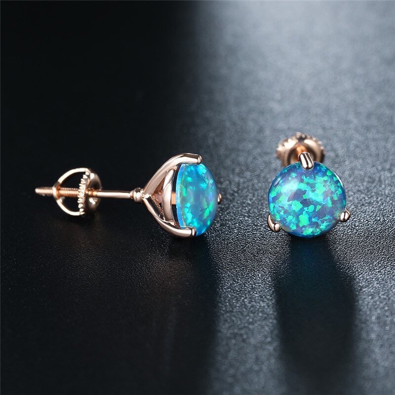 Charm Rose Gold Kleur Bruiloft Oorbellen Klassieke 3 Prong Ronde Steen Oorbellen Blue Fire Opal Kleine Stud Oorbellen Voor Vrouwen sieraden