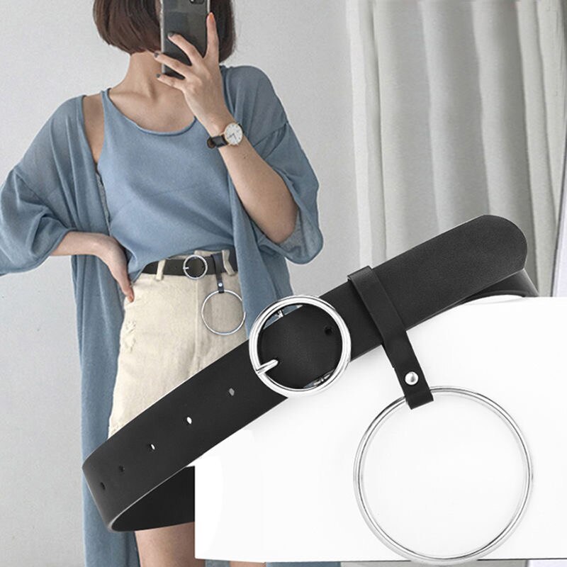 Mujer doble hebilla de plata Jeans cinturones de para la mujer los estudiantes pretina Simple círculo cinturón con hebilla para Jeans vestido