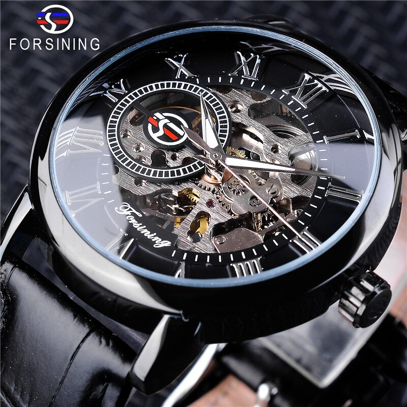 FORSINING Retro Horloge Voor Mannen Gesneden Self-Wind Mechanische Tattoo Tourbillon Maanfase Onafhankelijke Seconden Skelet Automatische Grote Wijzerplaat Horloges, Zilver, Mechanisch