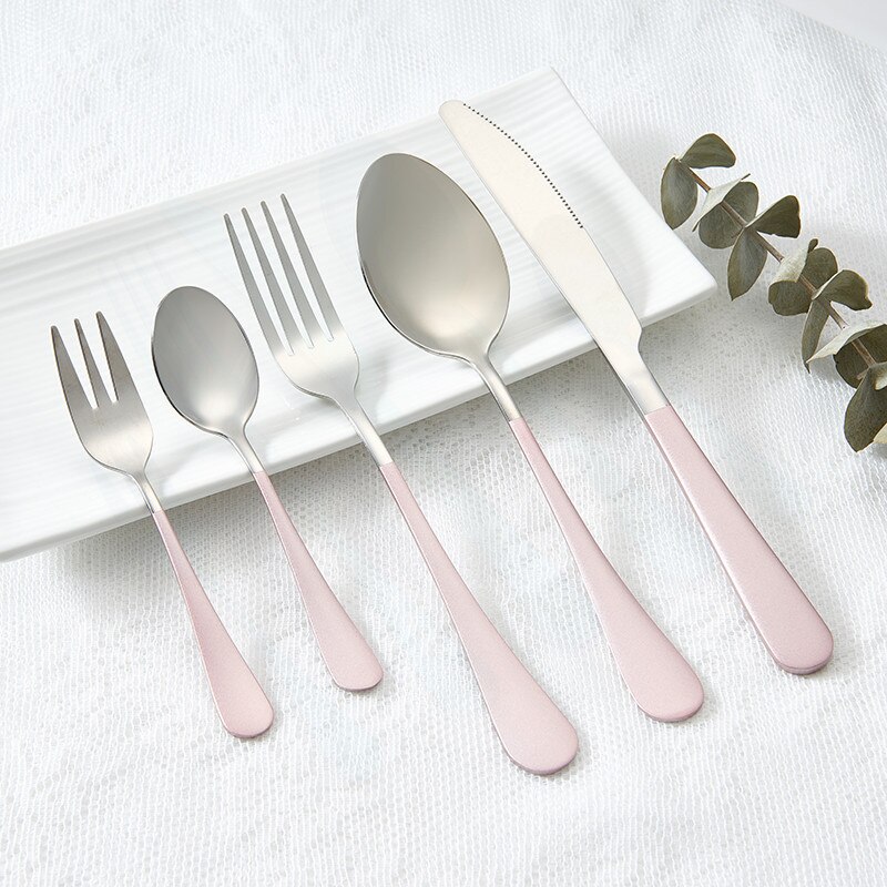 Bordservice bestiksæt rustfrit stål bestik middagssæt bestik til restauranter middagssæt knive gafler skeer: Pink sølv 5 stk