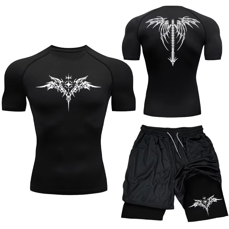 Mma boxningsset sportkläder för män snabbtorkande gymshorts t-shirt löpning träningstight sport rashguard 2 delar dräkt: Xxl / Silver-