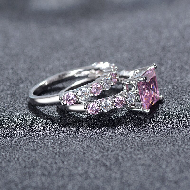 luxury pink princess 925 sterling silver wedding ring set for women lady anniversary jewelry R5173