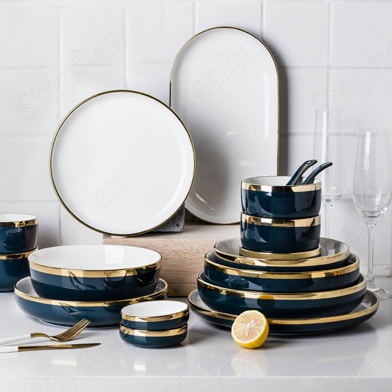 Golden Stroke Ceramic Dinner Set Plates and Dishes Nordic Modern Blue Color Glaze Plates and Bowls Steak Pasta Western Tableware