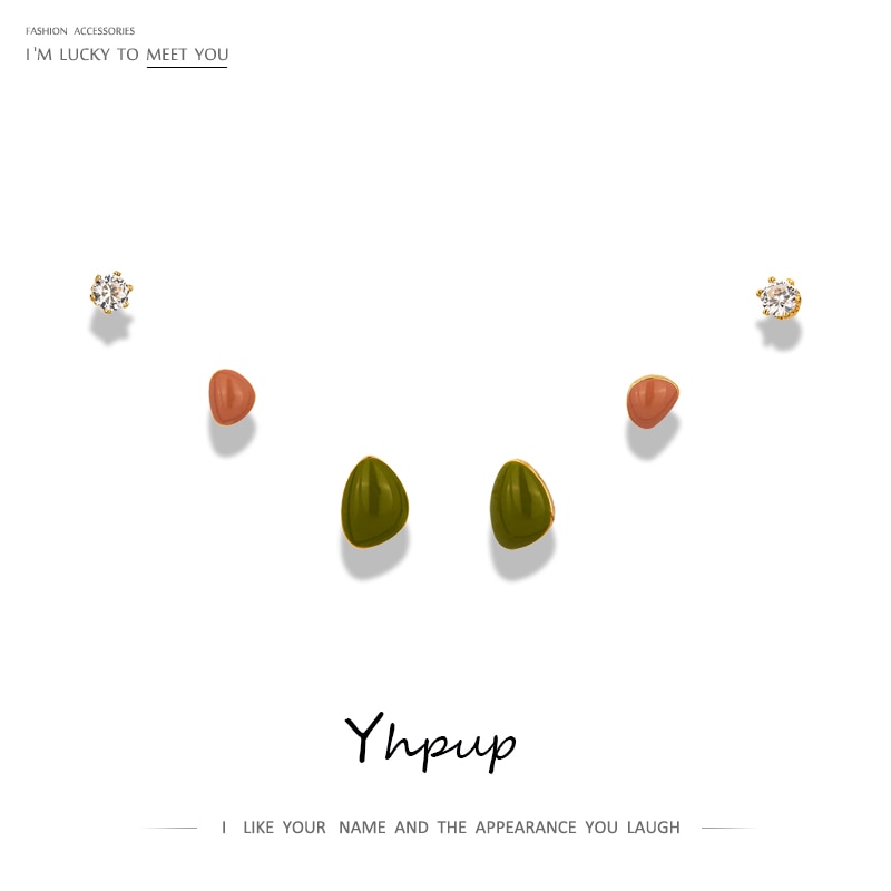 Yhpup Korean Geometric Enamel Small Stud Earrings Set Shiny Cubic Zirconia Earrings Copper Jewelry for Women Wedding
