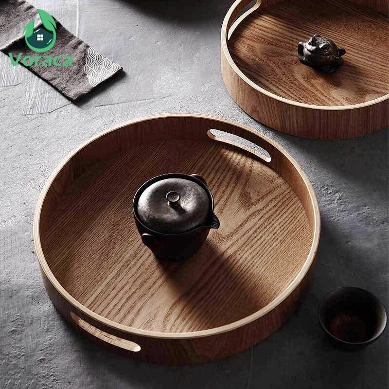 Huishoudelijke ronde houten serveerschaal, massief houten voedselschaal, bord, hapjesschaal, beker, schaal, fruitschaal, diner, taart, dessertschalen, thee