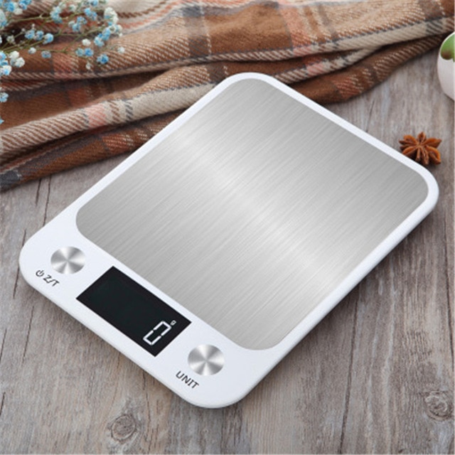 Báscula electrónica de cocina de acero inoxidable de 10KG, báscula Digital para alimentos de 5KG/1g, herramientas de pesaje para panadería, báscula de alimentos para el hogar: White 5KG 1g