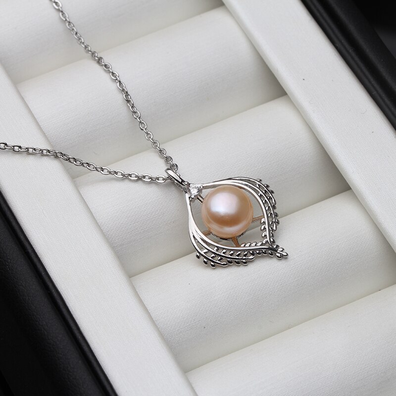 925 Zilveren Ketting Blad Fijne Sieraden Witte Natuurlijke Zoetwater Parel Hanger Zirkoon Edelsteen Vrouwen Engagement: pink pearl necklace