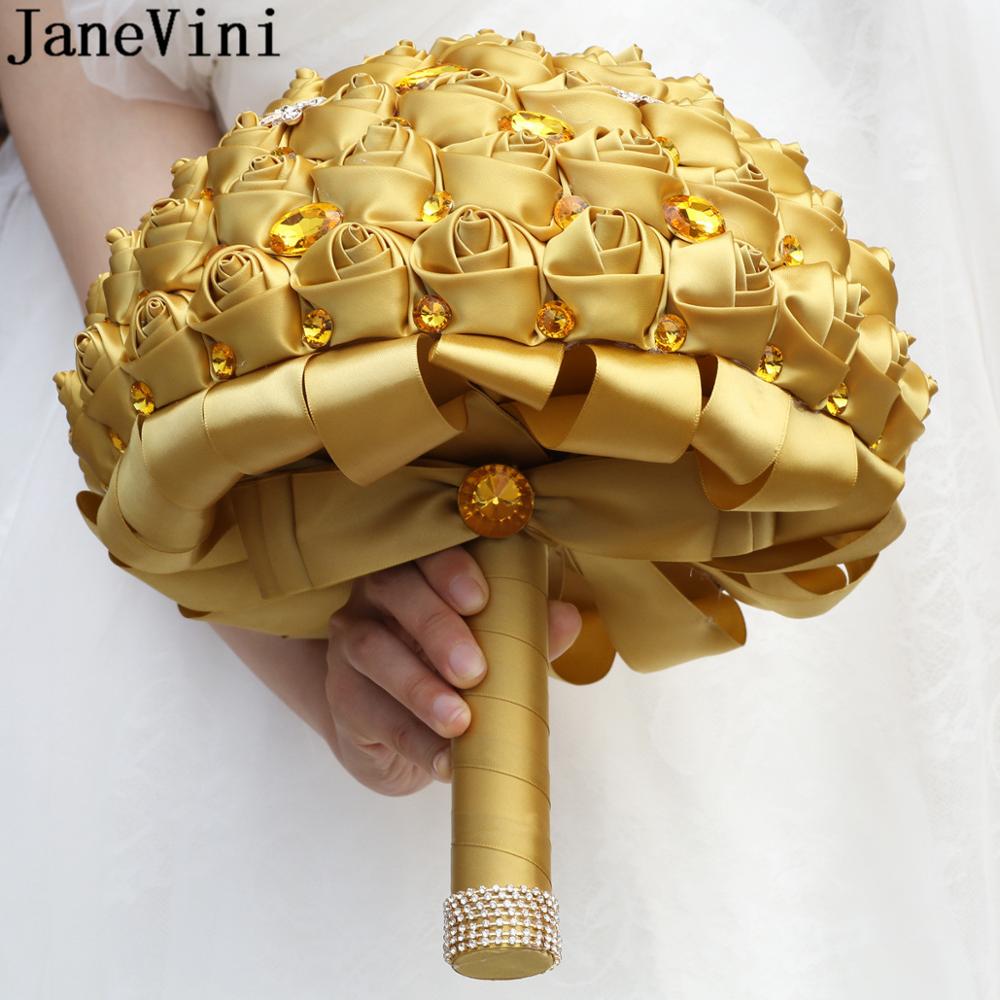 JaneVini – Bouquet de mariage de grande taille, 30CM, pour la mariée, en or, luxueux, diamant, cristal, perles, strass, fleurs à main en Satin