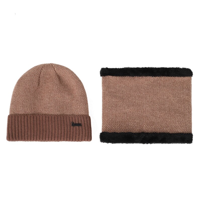 Men Hats Scarf Set Winter Warm 2 Piece Set Male/Female Velvet Skullcap Cotton Beanie Ring Bib XHBOY Outdoor Ski Hedging Cap: Khaki