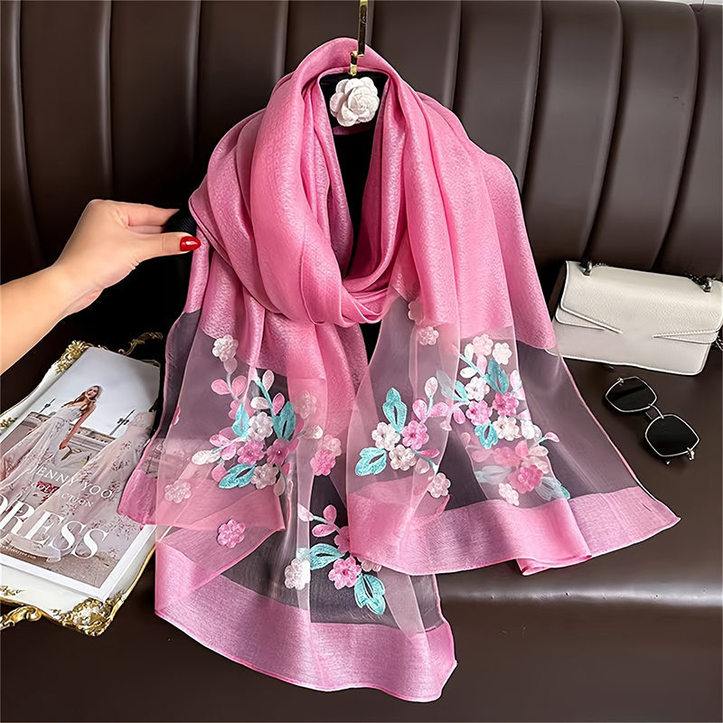 Bufanda de lana de seda para mujer, Hijab bordado Floral, Foulard femenino, chales Pashmina finos para primavera y verano, Bufanda, pañuelo para la cabeza, estolas: Castaño
