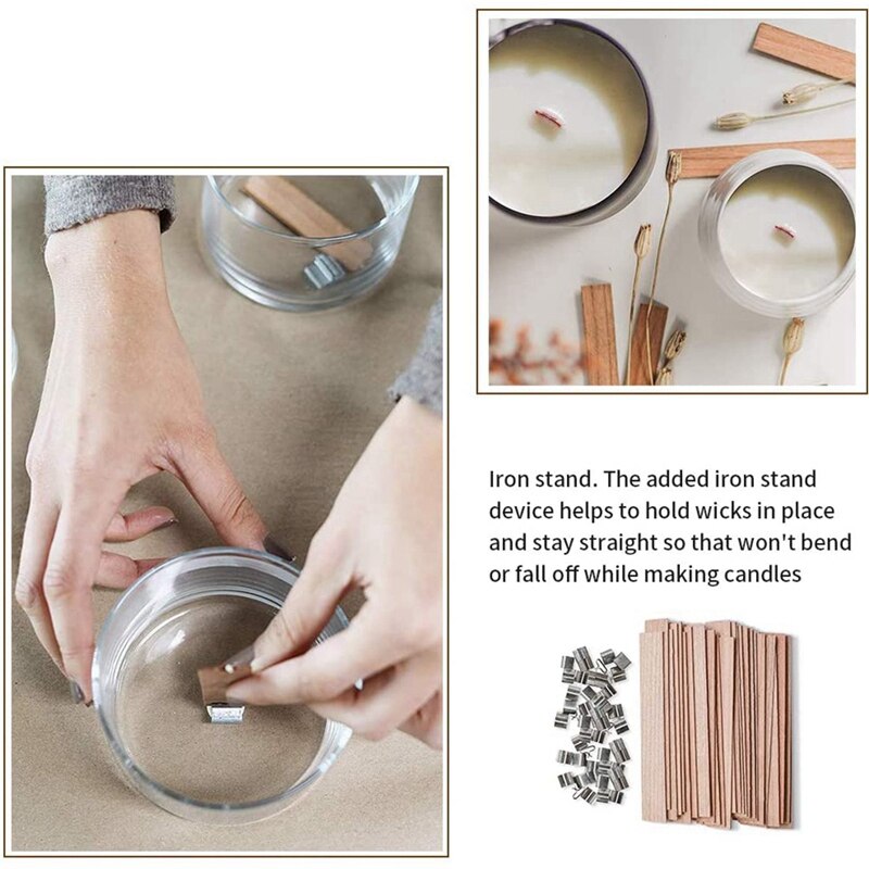 Mechas para velas de madera, mecha de madera Natural con soporte de hierro mecha ambiental para fabricación de velas y velas DIY Craft 100 Uds
