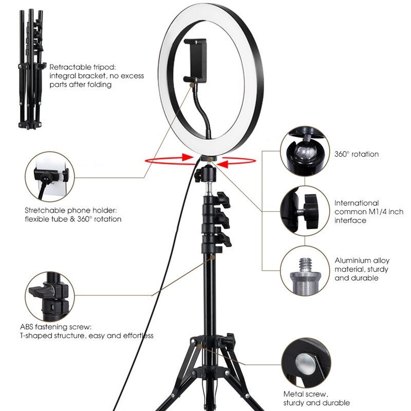 Legering Led Ring Light Met Camera Statieven-10 Inch 26Cm Fotografische Verlichting Selfie Foto Video Live Licht Voor iphone Profes