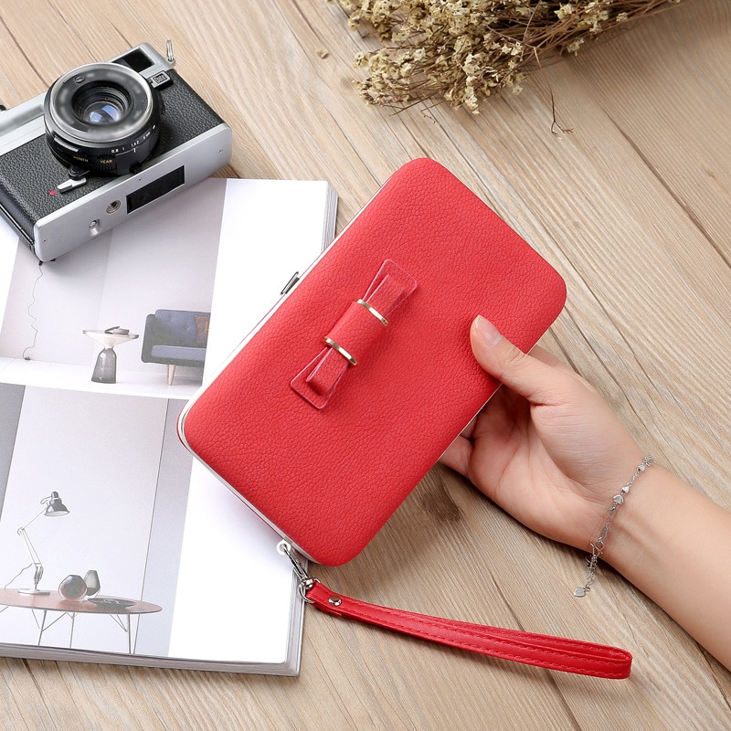 Purse bow women's wallet female famous brand card holders cellphone pocket PU leather clutch women wallet Large lychee 138Q