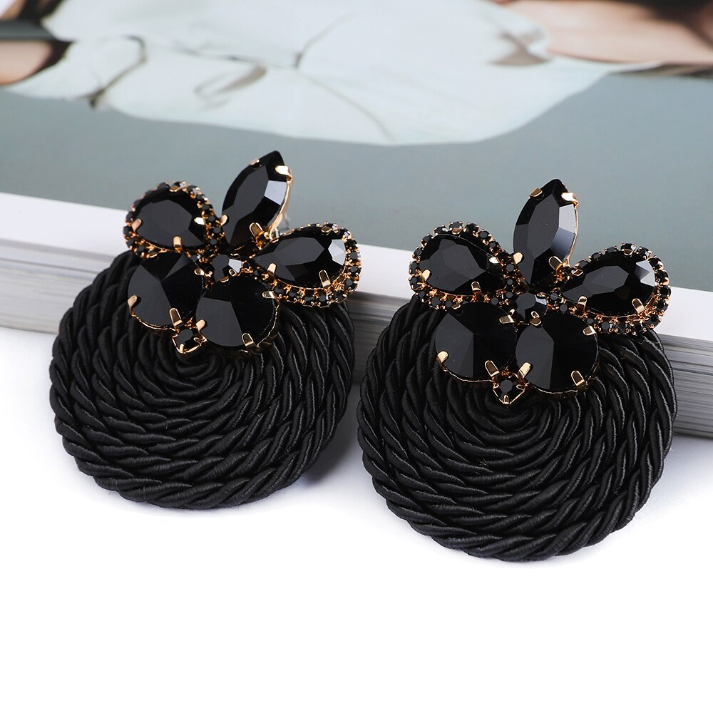 Ethnic Style Cotton Cord Weave Round Ear Accessories Vintage Sparkly Crystal Dangle Earrings For Women Luxury Jewelry: 39