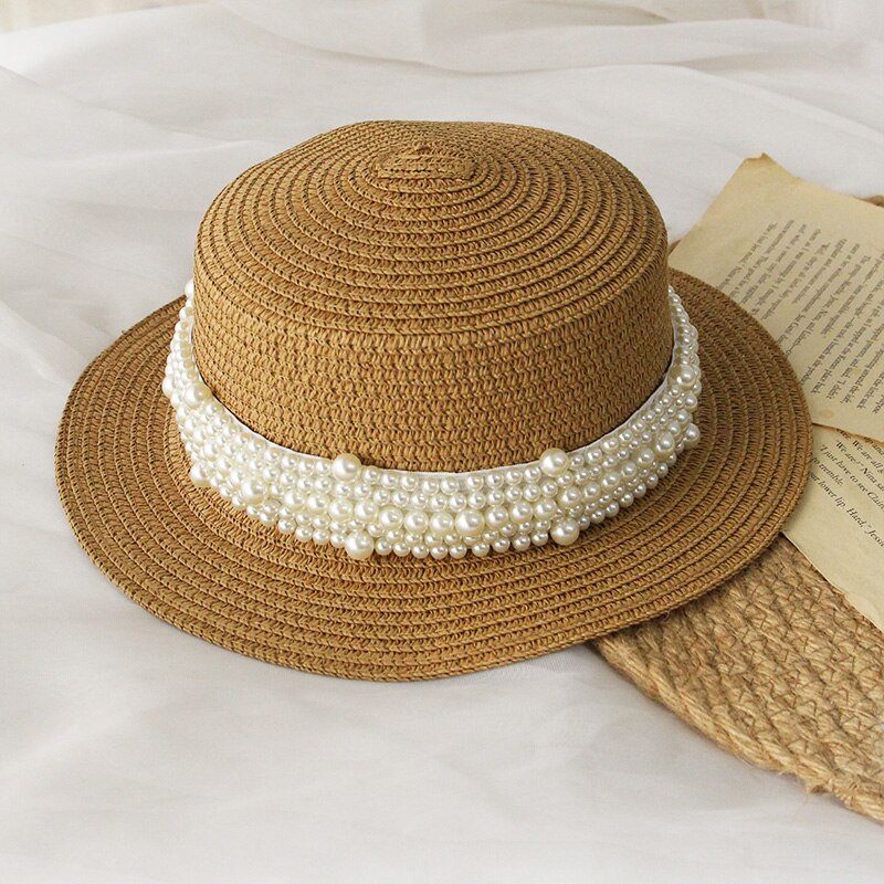 Kids Meisjes Schipper Strohoed Outdoor Brede Rand Zee Zomer Strand Platte Top Zon Caps Met Parel Decoratie Panama Stro cap