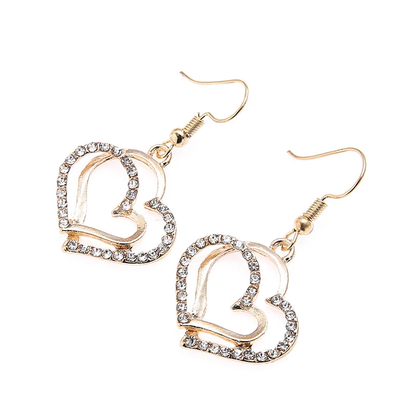 3 Pcs Set Heart Shaped Jewelry Set Of Earrings Pendant Necklace For Women Exquisite Rhinestone Double Heart Jewelry Set