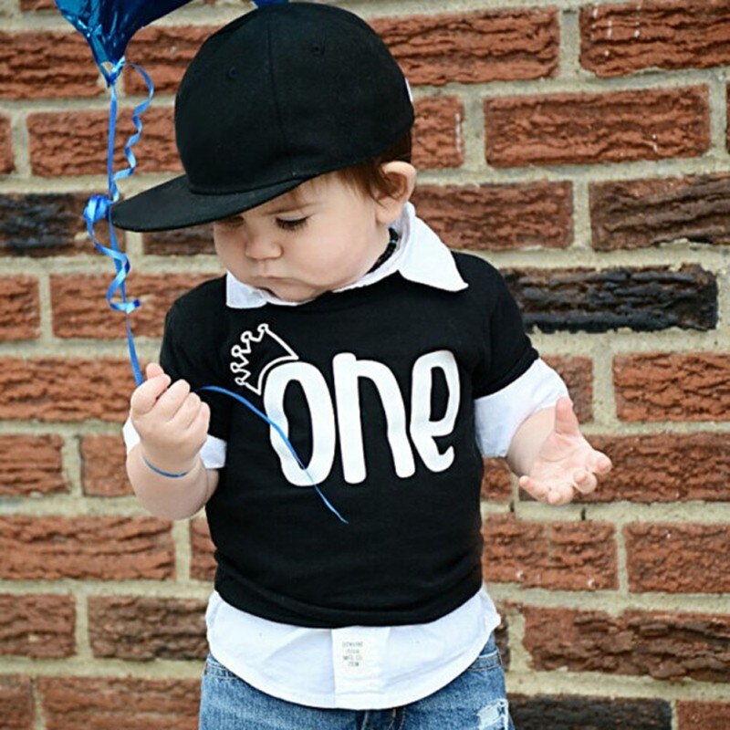 Solid Baby Summer Black ONE Print Short Sleeve Shirt Baby Child Shirt Top Cotton 1PCS