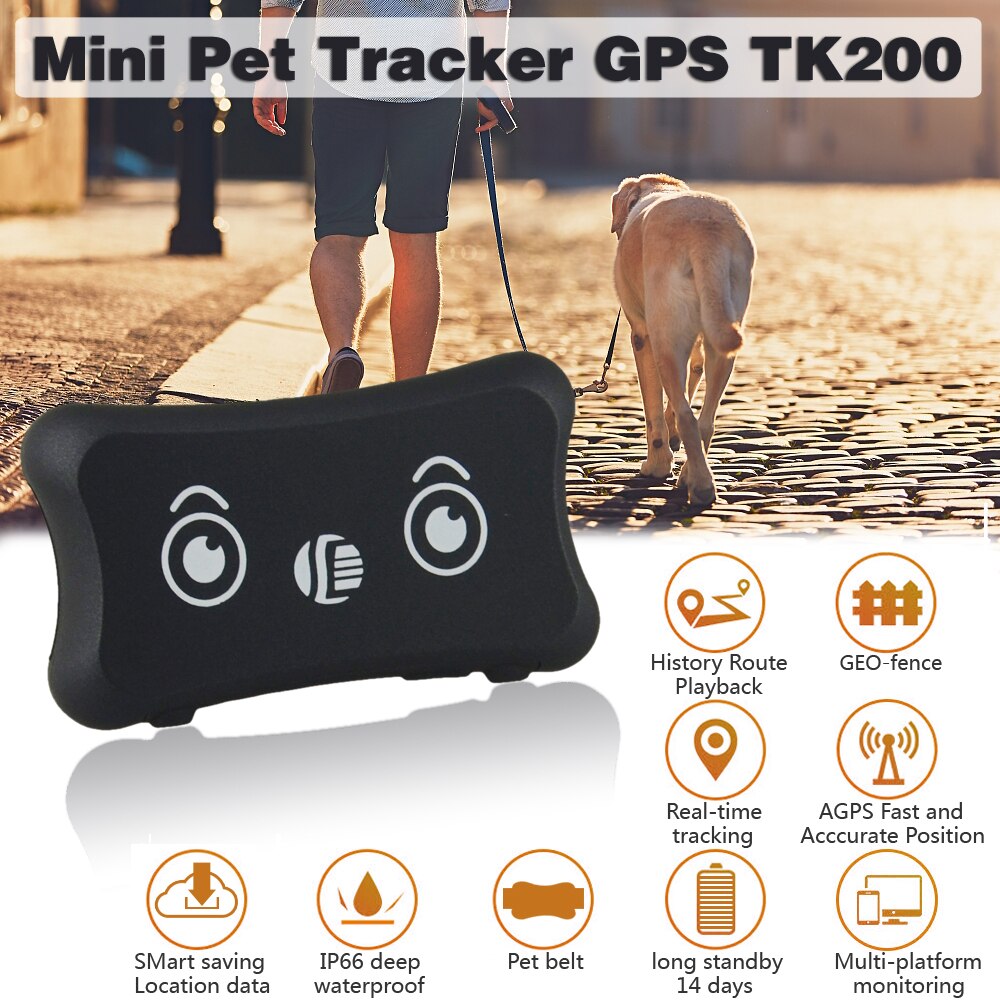 TK200 Mini rastreador GPS para mascotas a prueba de agua IP66 rastreador GPS para perros/gatos TK200 seguimiento en tiempo real alarma de batería baja localizadores de estilo de coche