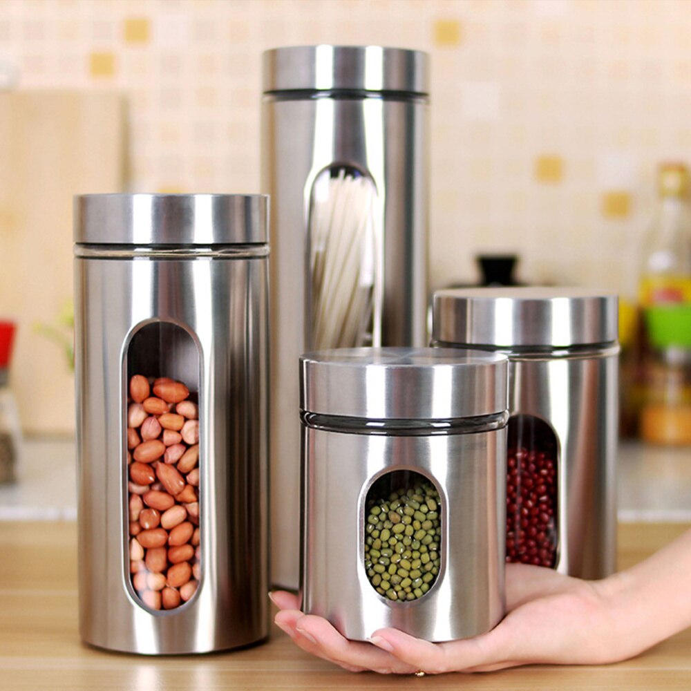 Stainless Steel Storage Tank Kitchen Food Storage Tank Visible Glass Sealed Tank (950ml)