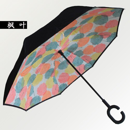 Gancho C, a prueba de viento paraguas inversa vástago largo invertida doble capa soporte autónomo protección contra la lluvia paraguas de la gota: Beige