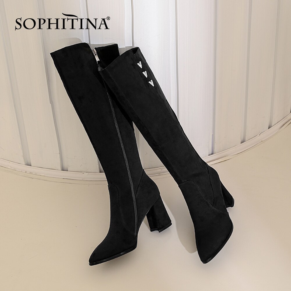 SOPHITINA Style Mature genou-bottes femme Strentch tissu bout pointu daim haut sabot talon fermeture éclair mince bottes longues chaussure PO827