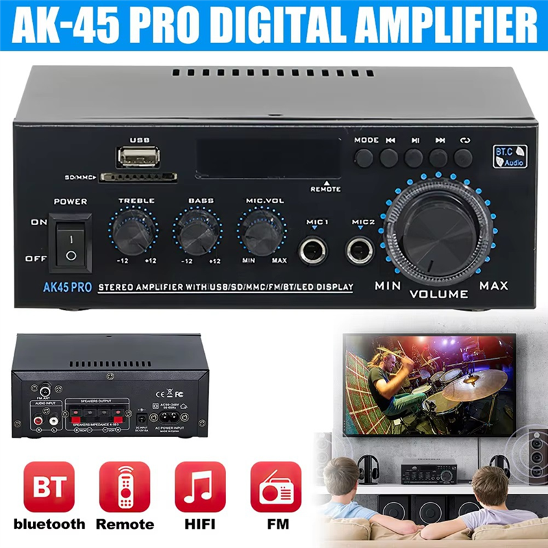 Wzmacniacz Cyfrowy AK45 Pro - 2.0 Kanały Audio Kino Domowe - Dźwięk Hi-Fi Bluetooth - Wtyczka UE