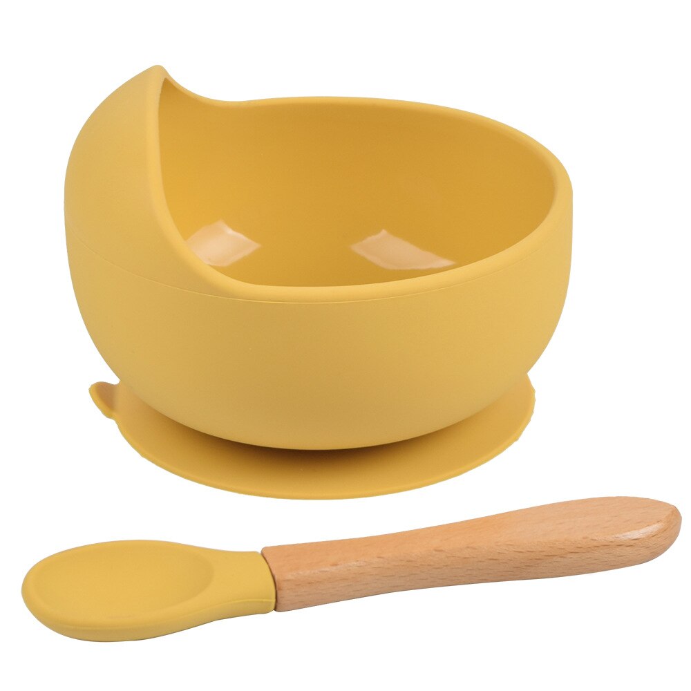 Tazón de silicona para bebé, vajilla de alimentación, cuchara de madera, cuenco de succión impermeable, platos antideslizantes, productos de cocina: Yellow