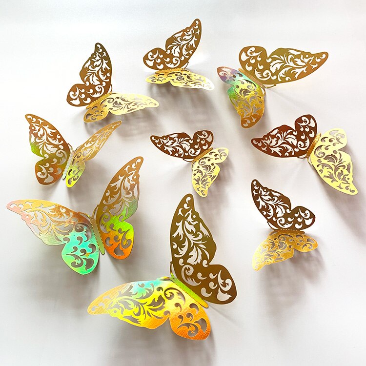 Autocollant mural papillon 3D ajouré coloré doré, 12 pièces, décorations de mariage, décoration de salon, sparadrap d&#39;art pour la maison: Style B
