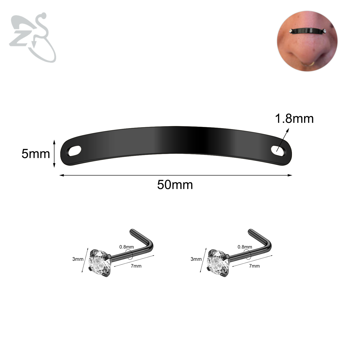 ZS-Piercing en Acier Inoxydable pour Homme et Femme, Bijoux de Corps, Ajustable, Pont de Narine, Punk, 24/30/35/40/45/50mm, 1 Ensemble: Plaqué zinc noir