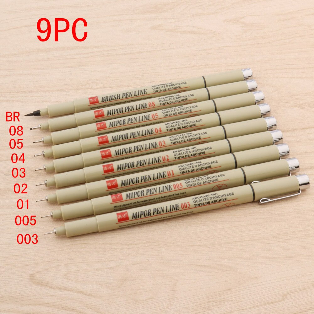12pc Micron Neelde Soft Brush Drawing Pen Pigment 005 01 02 03 04 05 08 Brush fine point Markers pen Drawing Painting Stationery: 9pc pen